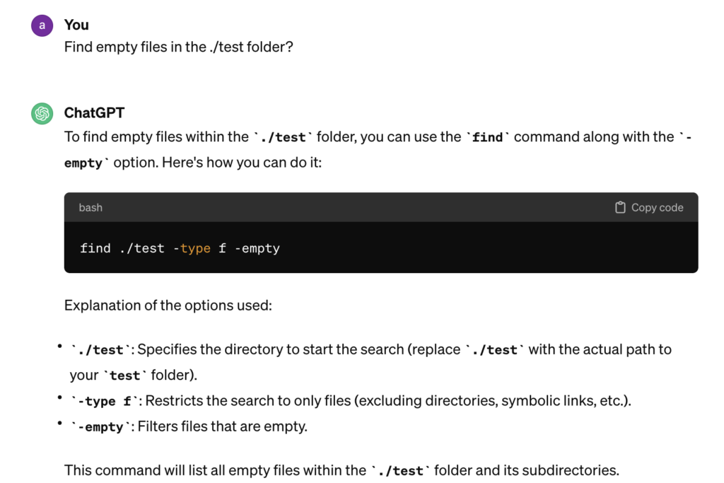 Learn find commannd with chatgpt