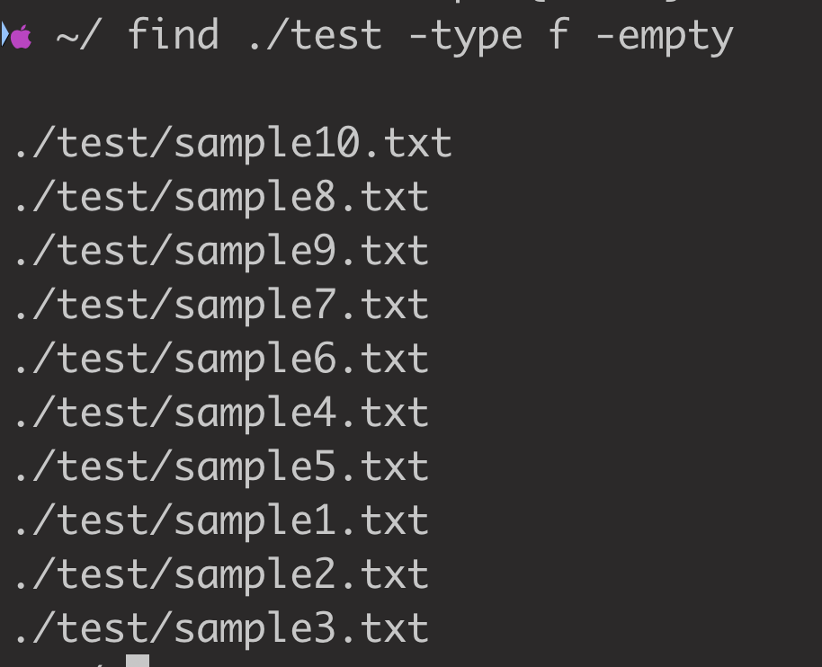 Find empty files in the ./test folder